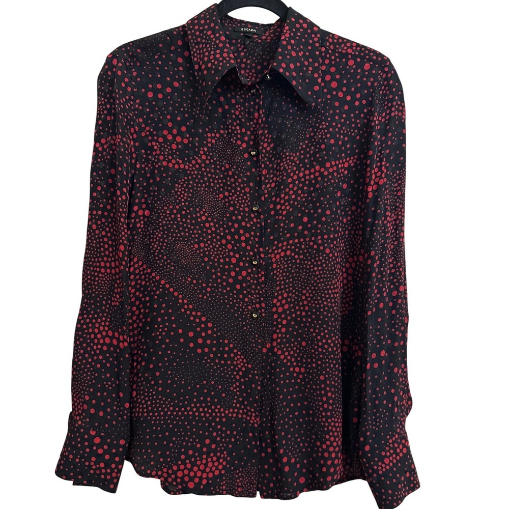VINTAGE Escada 100% Silk‎ Blouse Red Black Polka Dot Logo Buttons Designer 90s S